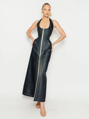 Backless slim fit evening gown with zipper detail