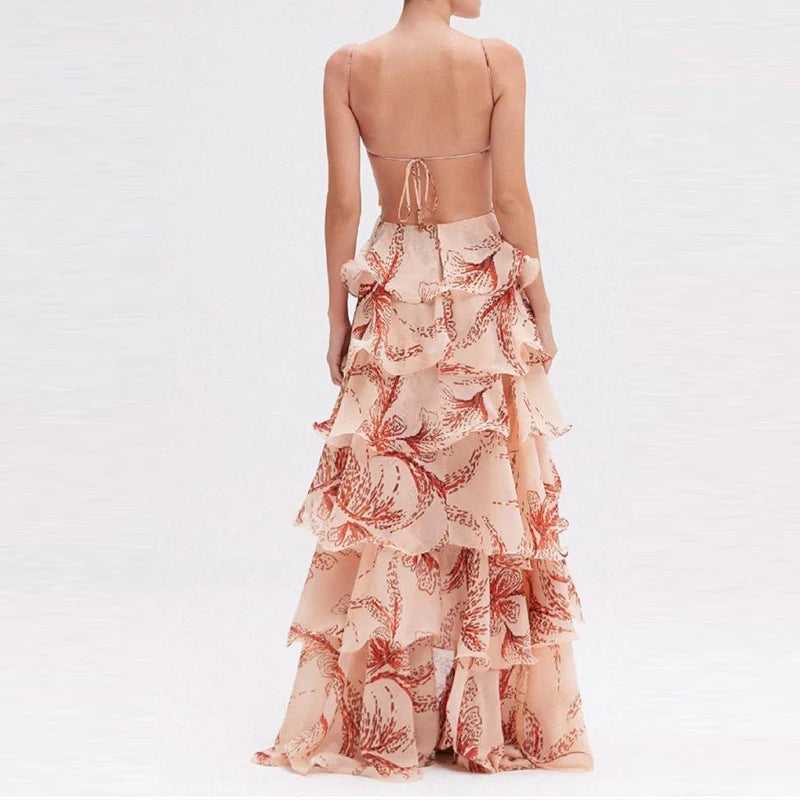 A close-up of the elegant backless design with the adjustable tie-up straps.