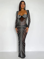 Slim fit long sleeve evening gown with mesh detailing