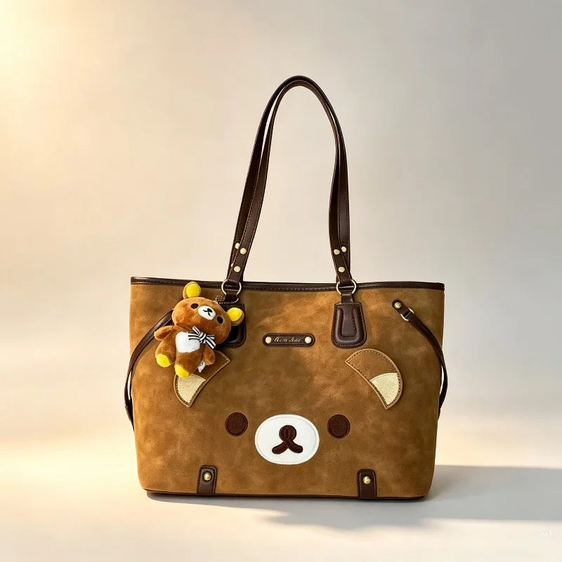 Brown bear applique tote bag with teddy bear charm