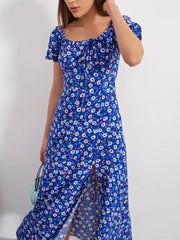 Beach style floral A-line maxi dress with slash neckline