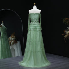 Beaded long-sleeve formal gown in green, styled for elegant parties  on a mannequin against a dark background