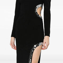 Straight silhouette maxi dress with cutout detail and embellished trim