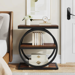 Wooden side table with round metal frame in a bedroom setting