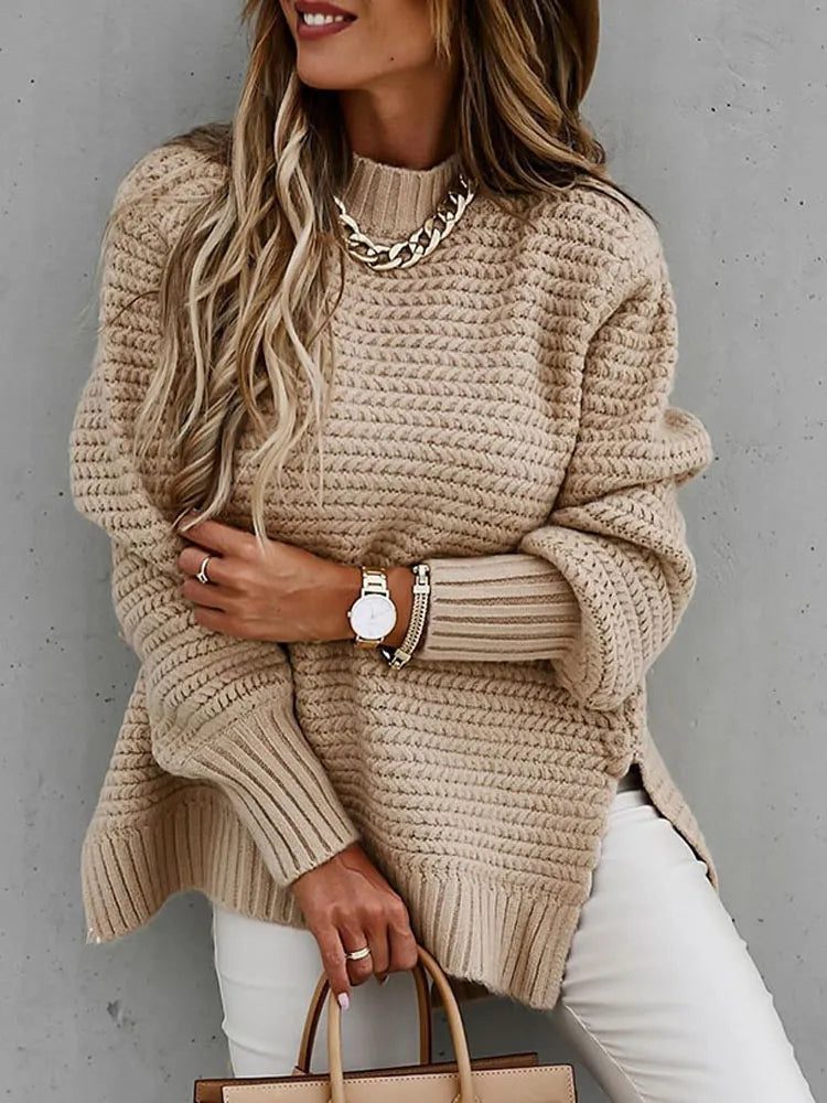 Beige batwing sleeve knit pullover with side splits