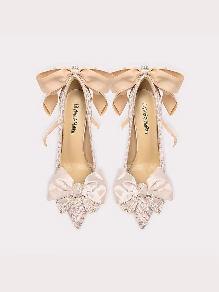 Beige bow lace party pumps styled for weddings and special occasions