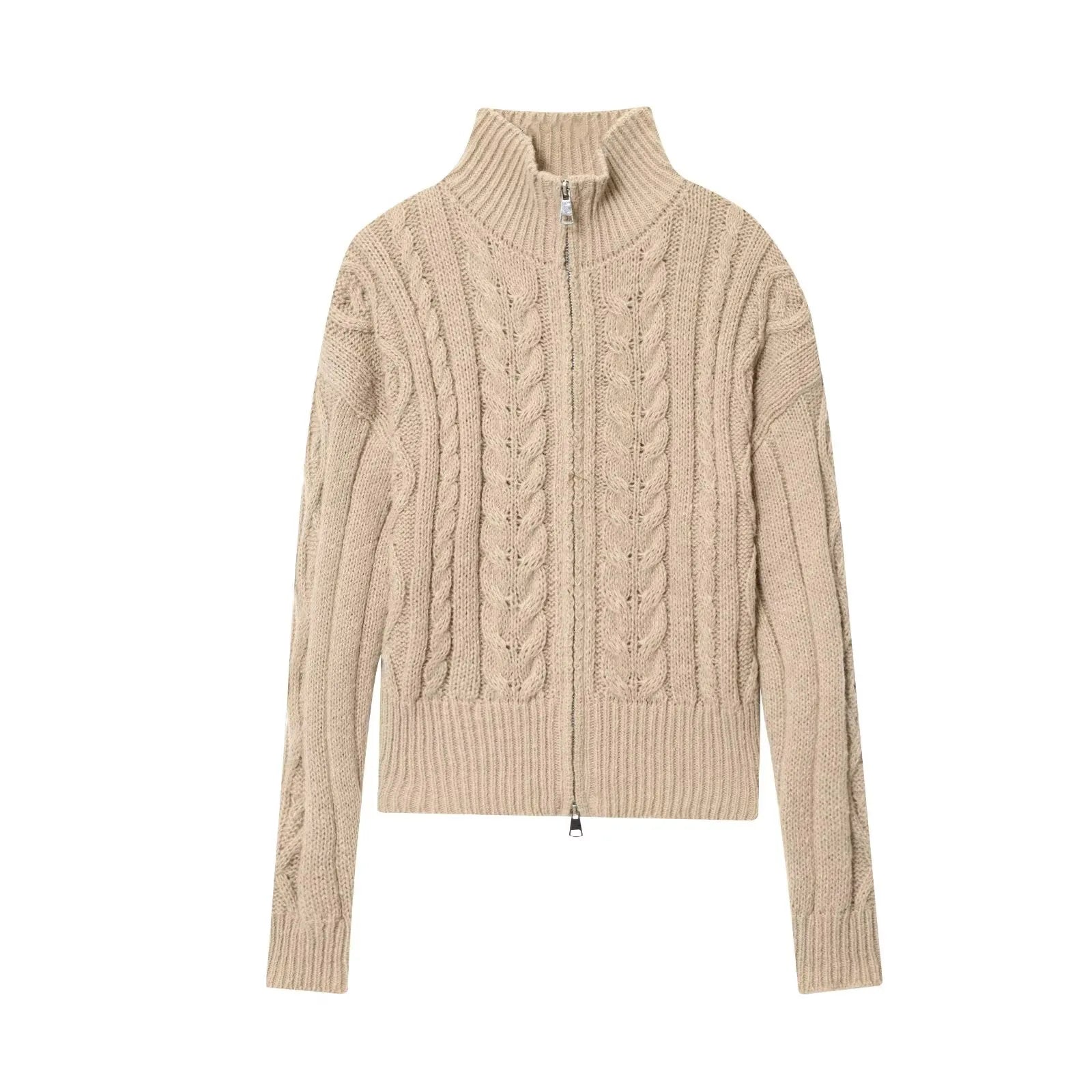 Beige cable knit zip sweater styled for cozy autumn layering