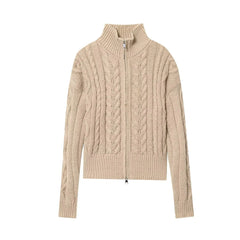 Beige cable knit zip sweater styled for cozy autumn layering