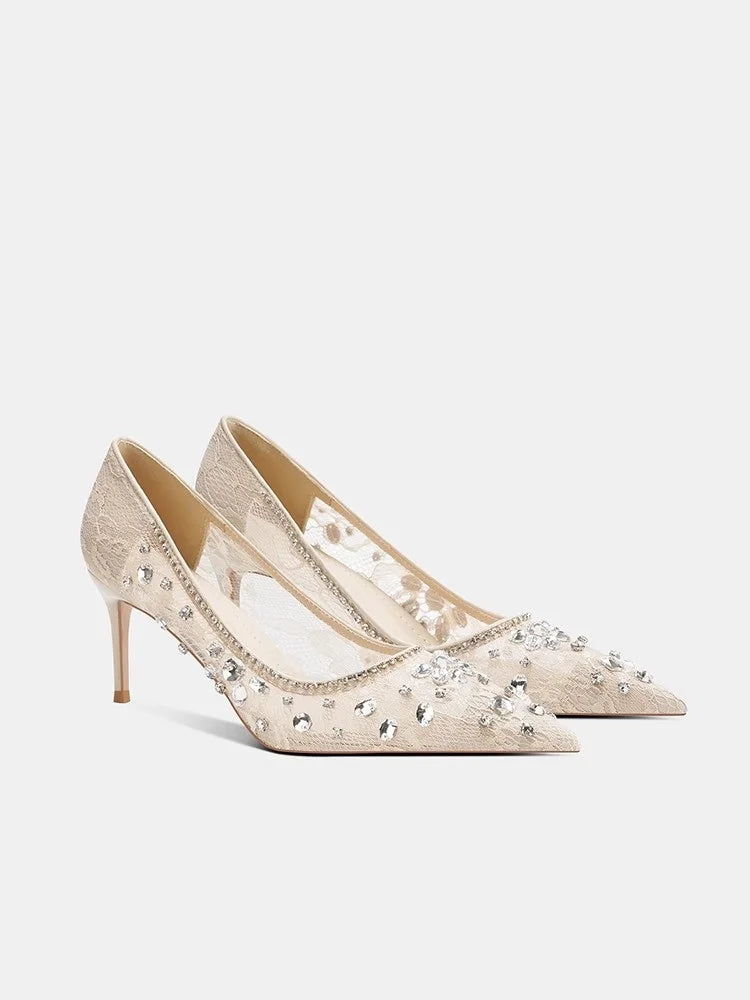 Beige crystal mesh party pumps for wedding and event looks