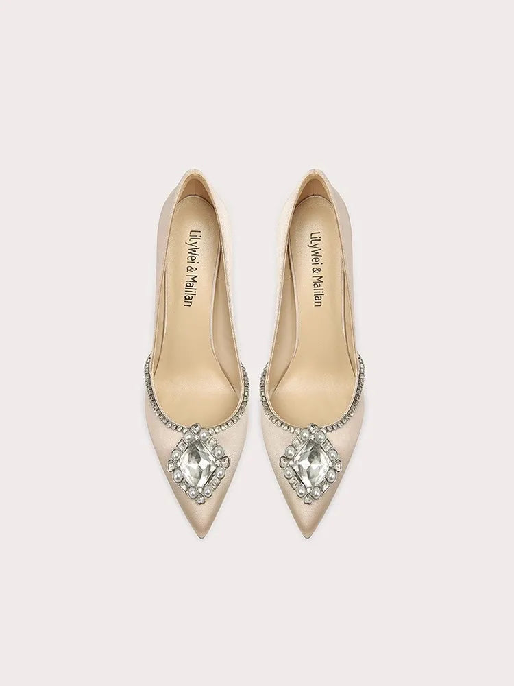 Beige crystal silk party pumps for weddings and formal events