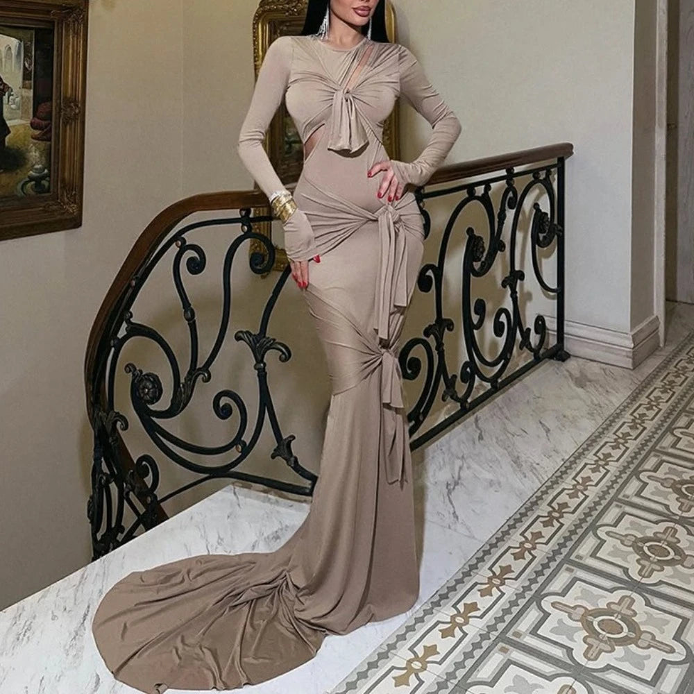 Beige hollow out evening gown with sculpted fit for autumn galas and events
