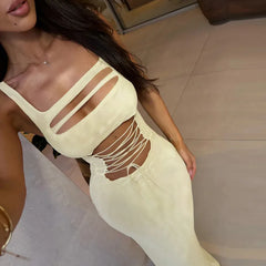 Beige hollow out sheath dress with square neckline and summer vibes