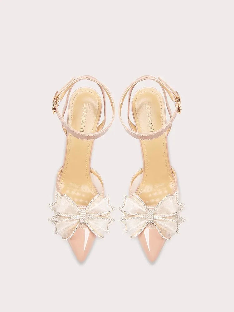 Beige mesh bow stiletto heels styled for bridal and event occasions