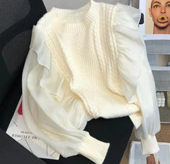 Beige patchwork preppy knit sweater for women