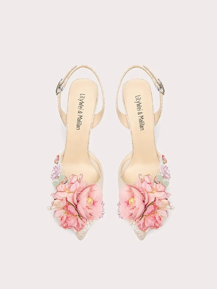 Beige sequin pink floral sandals styled for weddings and parties