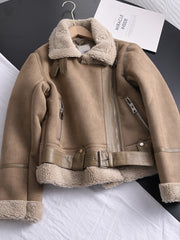 Thick warm suede short motorcycle beige coat faux street wear sheepskin leather.