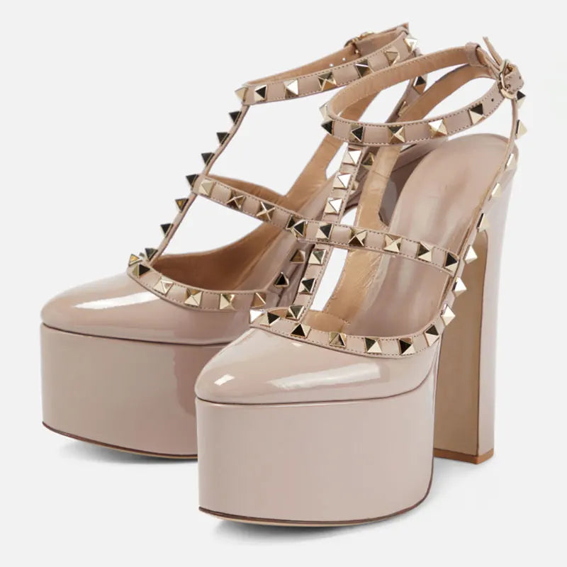 Beige studded platform block heel sandals styled for modern events