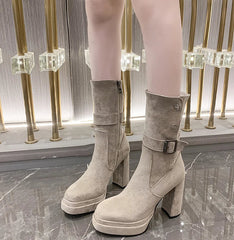 Beige suede platform ankle boots with square heels