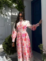 Elegant long sleeve chiffon floral maxi dress for summer