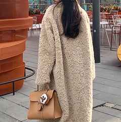 Long belted faux fur winter coat in beige