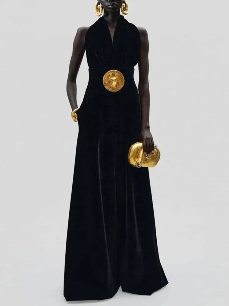 Black sleeveless wide-leg jumpsuit with a defined waist detail