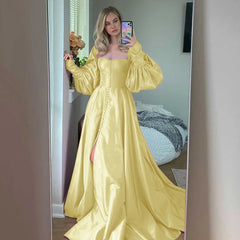 Elegant bishop sleeve taffeta gown with high slit