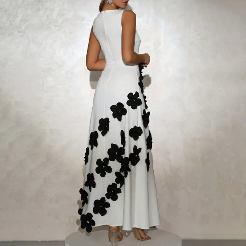 Black flower applique statement gown styled for garden events