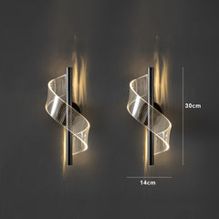Modern plated iron spiral LED pendant light creating an ambient bedside glow with measurements.