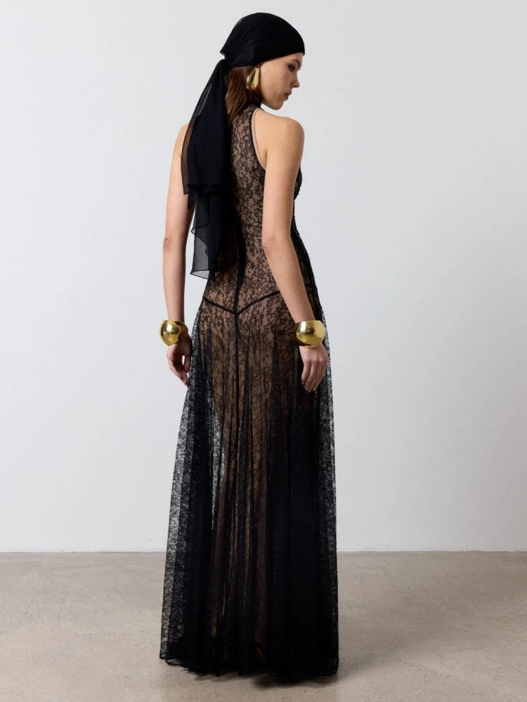 Full-length front view highlighting the ankle-length hem and slim silhouette, with lace overlay creating a sheer, layered effect.