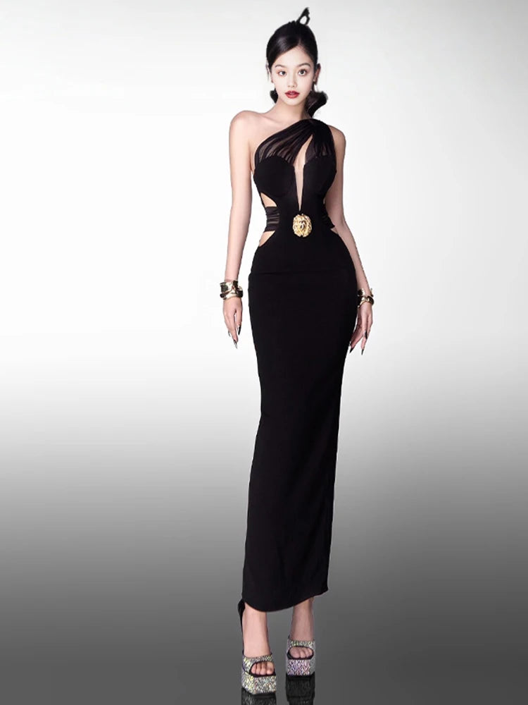 Black asymmetric cut-out gown styled for signature evening parties