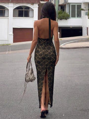 Three-quarter angle capturing the lace pattern and refined drape, styled for an event setting with polished hair and understated jewelry.