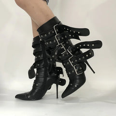 Black stiletto boots with buckle strap details