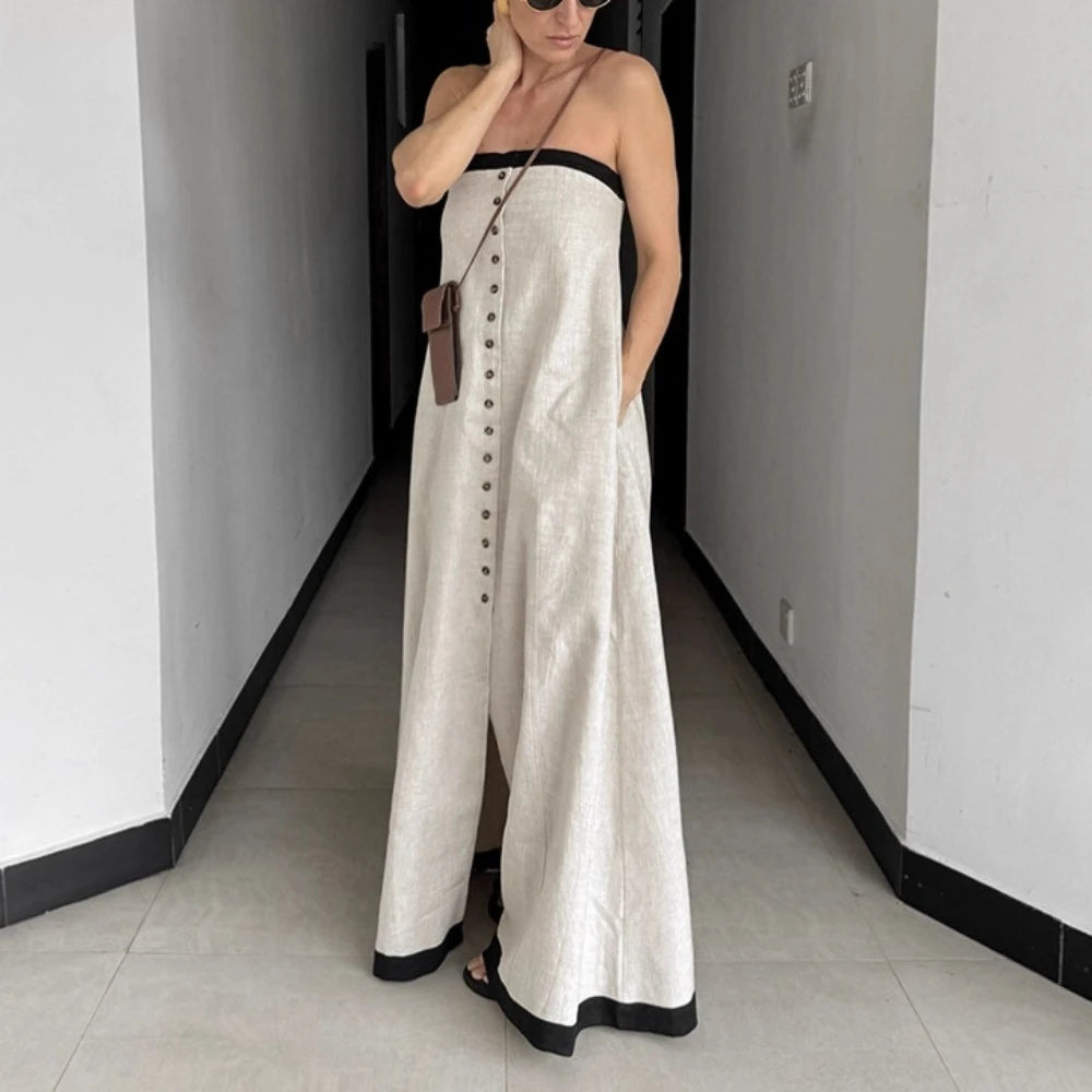 Black contrast trim maxi dress ideal for statement fall looks and minimalist fashion