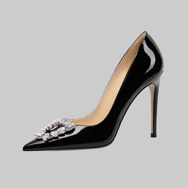 Black crystal stiletto heels with patent shine for evening and events