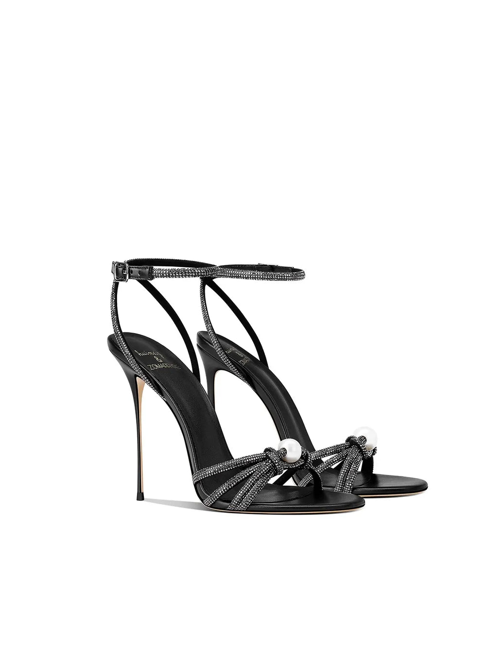 Black crystal strappy party sandals styled for weddings and formal events