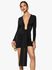 Black deep V ruched mini dress with long sleeves for evening wear