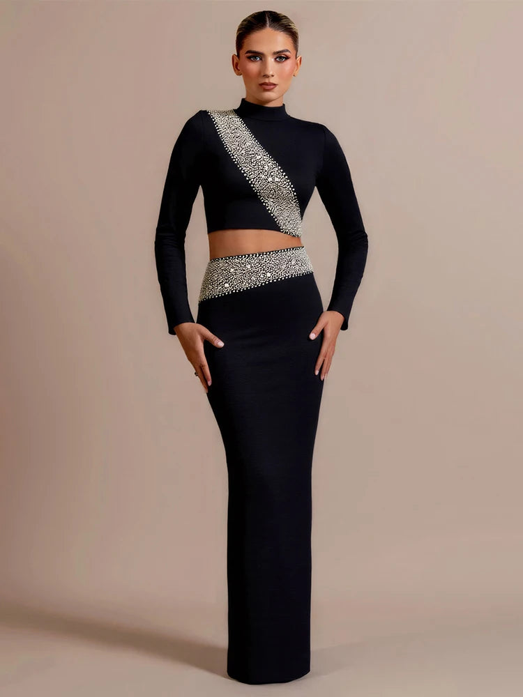 Black diamond two-piece set styled for evening parties