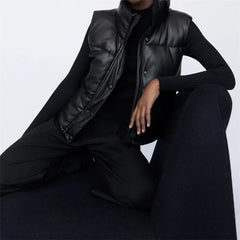 Black faux leather puffer vest with mandarin collar