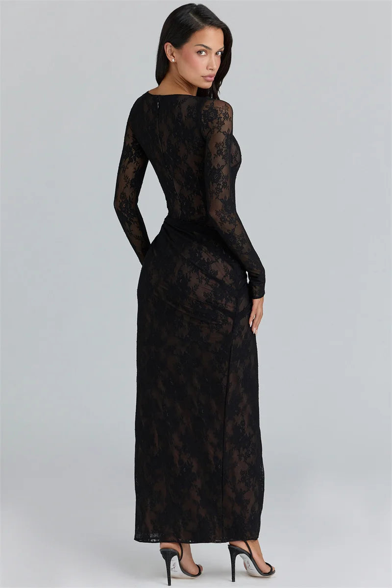 Lower-half detail shows the floor-length lace skirt falling straight with a slit reveal, styled with minimal strappy heels.