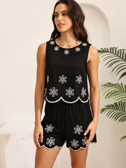 Black floral linen co-ord set styled for summer city strolls