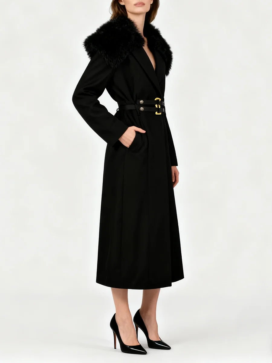 Long black trench coat with fur collar and belt