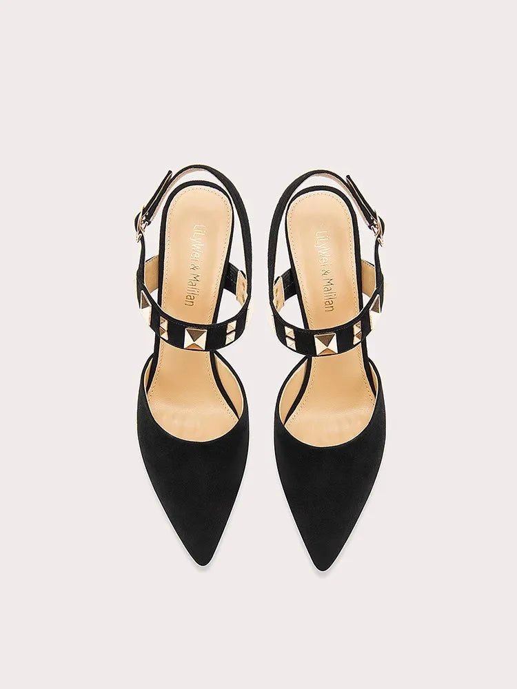 Black gold studded slingback heels styled for parties and formal events