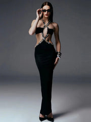 Black halter neck crystal dress styled for evening parties