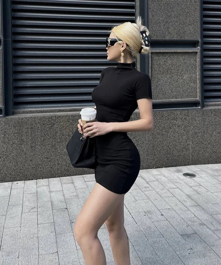Black high neck short sleeve mini dress for women