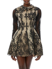 Lace embroidered mini dress with turn-down collar and long sleeves