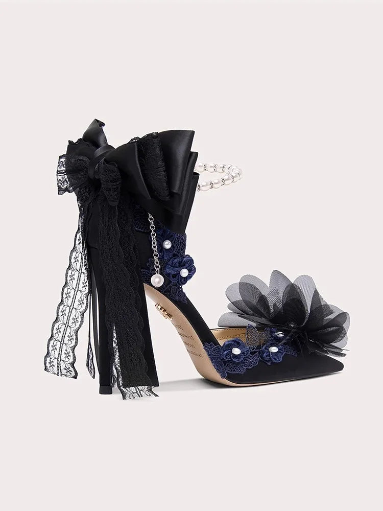 Black lace floral pearl bow sandals styled for Lolita party looks