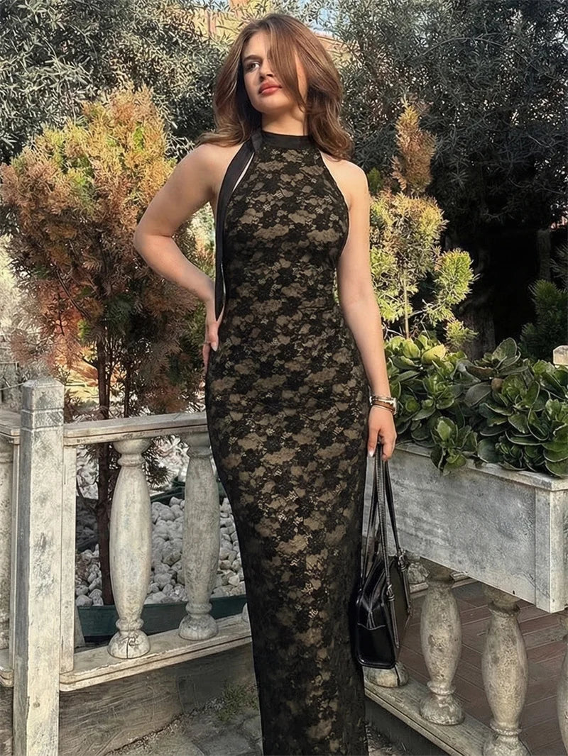 Upper-body detail showing the halter neckline and lace texture, highlighting the close fit through the bodice and clean shoulder line.