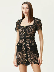 Black lace mini dress with square neckline styled for summer outings
