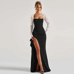 Close view of the lace sleeve patchwork detailing on a fitted black maxi dress