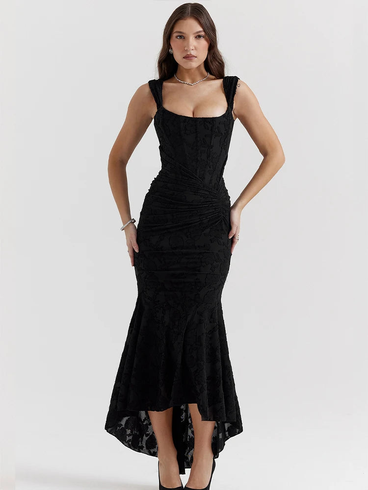 Black lace mermaid evening dress with square neckline
